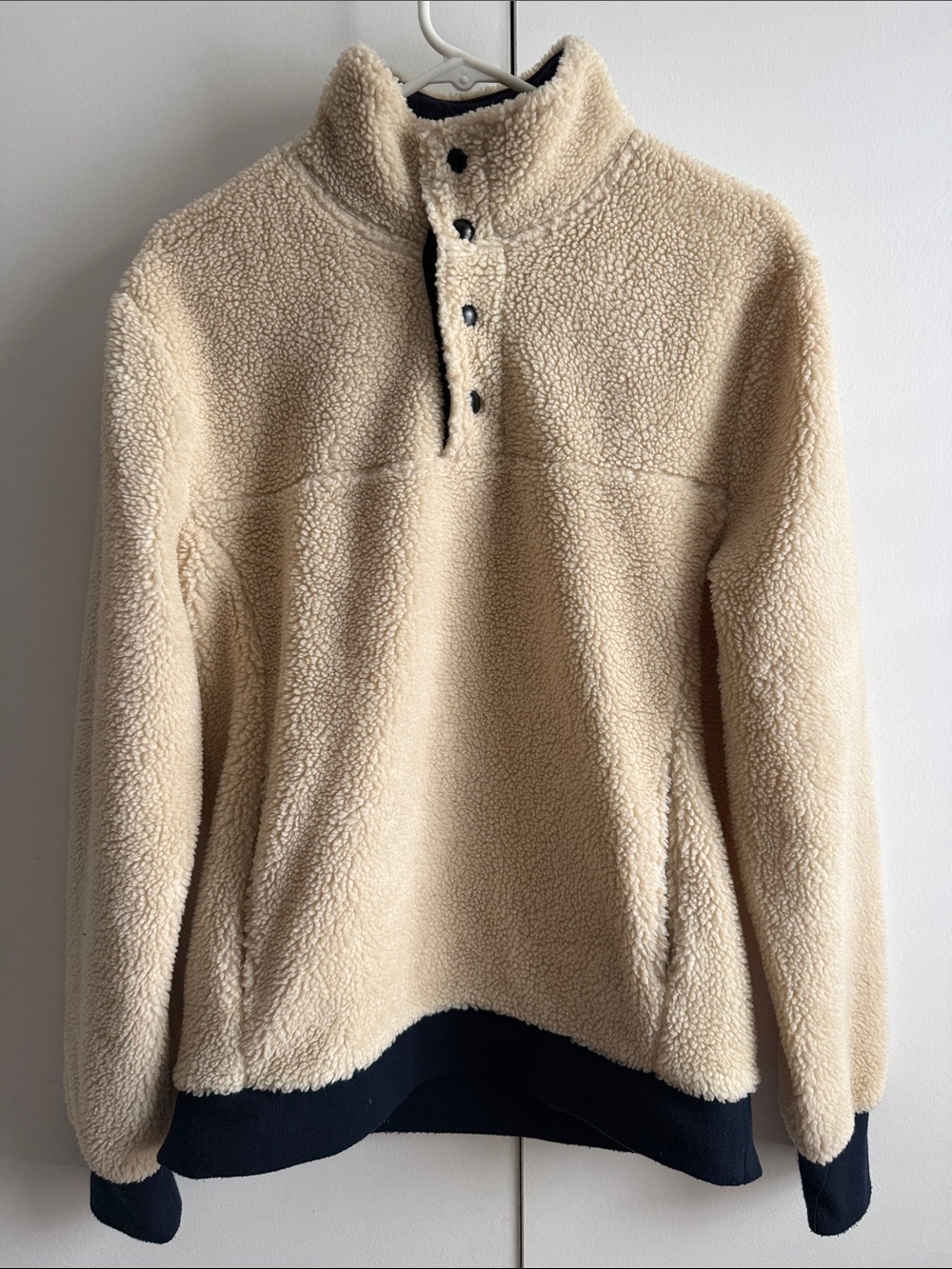 J. Crew Cream Sherpa Snap Pullover with Navy Trim